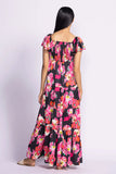 SCHEANA BLACK SHINY LONG DR W/PINK FLOWE