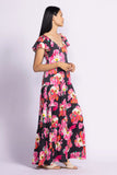SCHEANA BLACK SHINY LONG DR W/PINK FLOWE