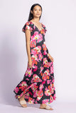 SCHEANA BLACK SHINY LONG DR W/PINK FLOWE