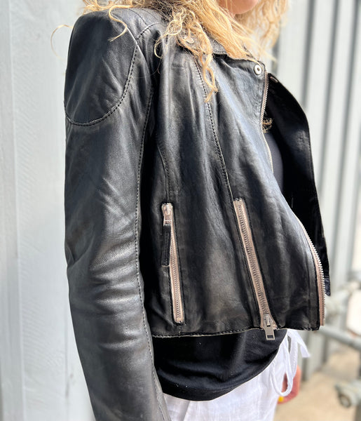 VINTAGE LEATHER JACKET RAW EDGES BLACK