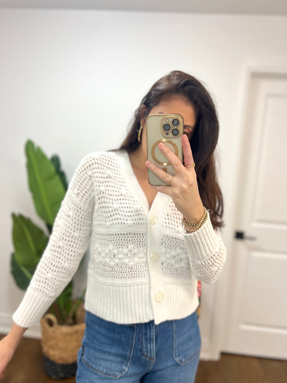 SHIMMER WHITE ECRU CANADIAN MADE CARDI