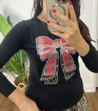 TARTAN BOW W/RHINESTONES SWEATER BLK