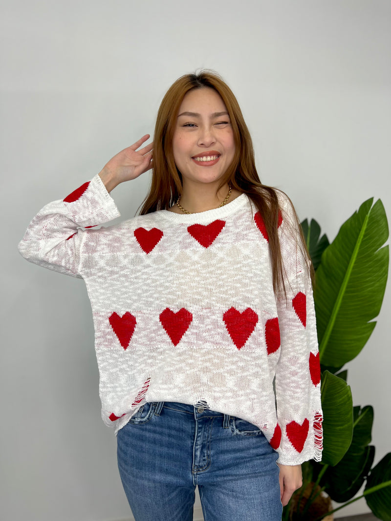 WHITE RED DISTRESSED HEARTS SWEATER, Sustainable Fashion