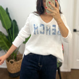 MARBLE BLUE 'BEACH' WHITE VNECK SW