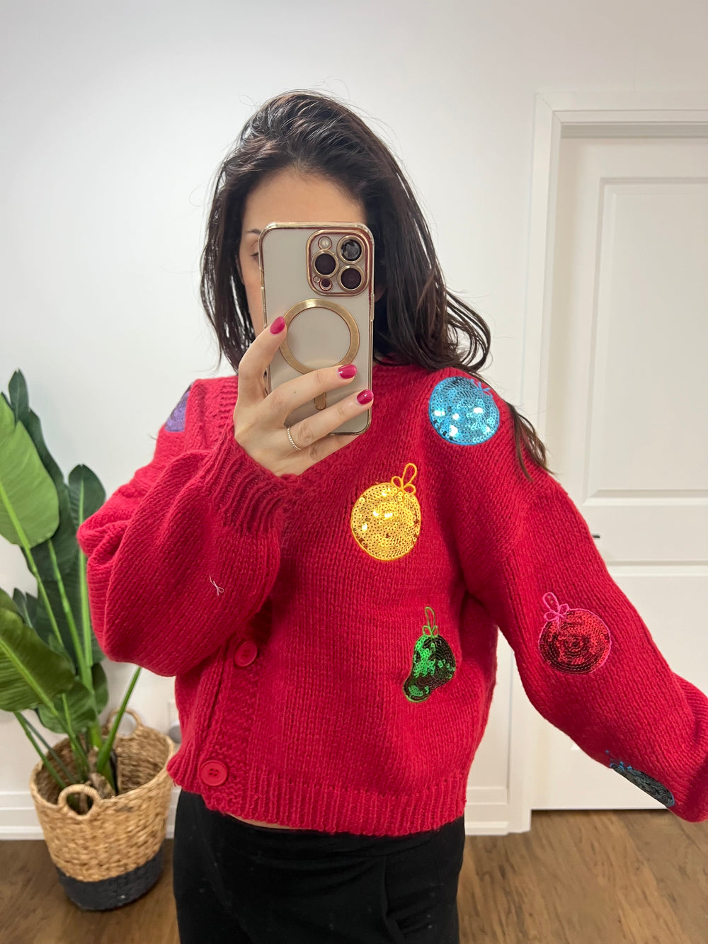 ORNAMENTS SEQUINS RED CROP CARDI