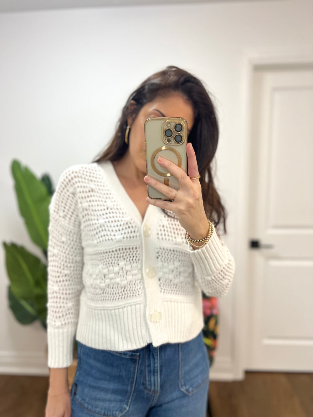 SHIMMER WHITE ECRU CANADIAN MADE CARDI