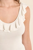 BLANCHE WHITE RUFF DIP NECK NYLON KNIT