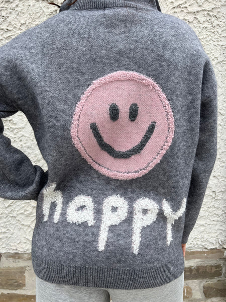 HAPPY PINK FACE GREY KNIT SWEATER