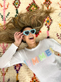 "SUMMER" NEON LETTERS KNIT WHITE SWEATER