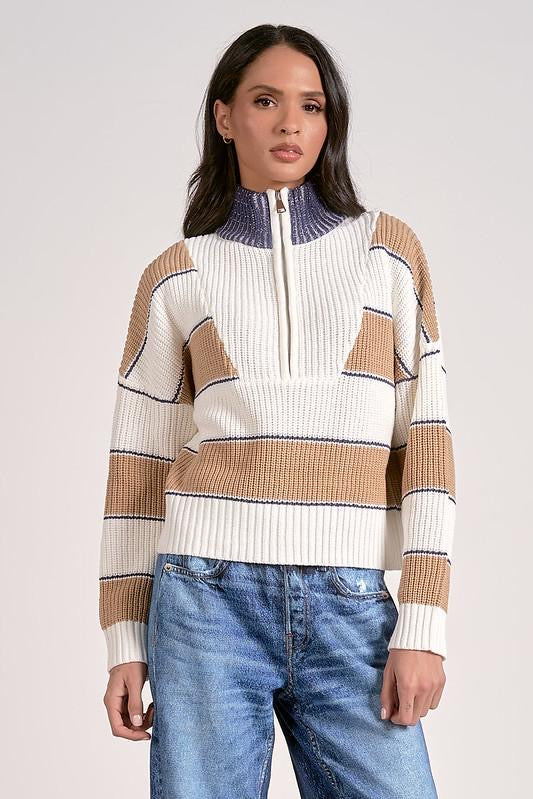 ELAN CAMEL STRIPE HALF ZIP RIB