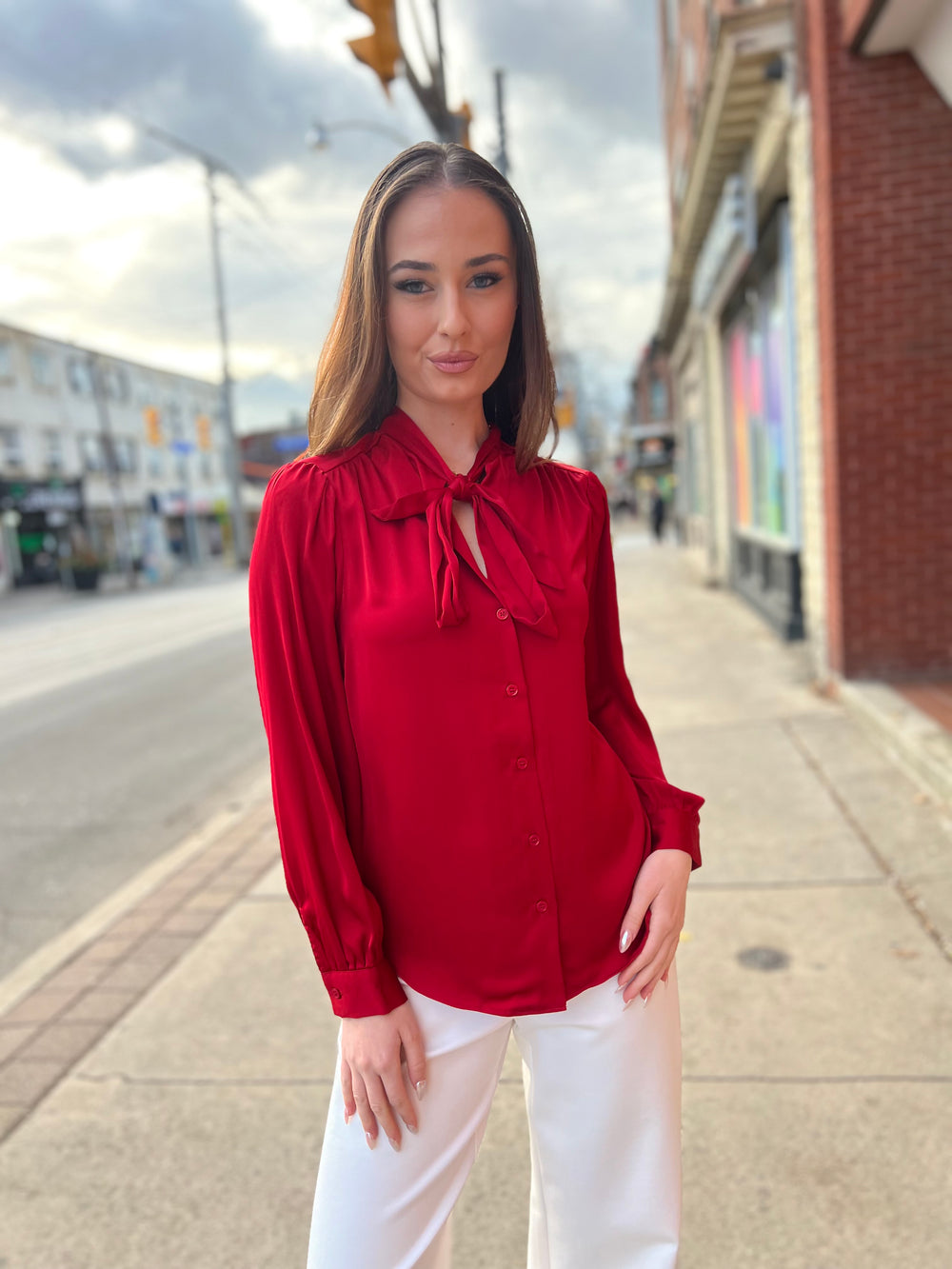 DEC PARTY RED HIGH NECK BLOUSE