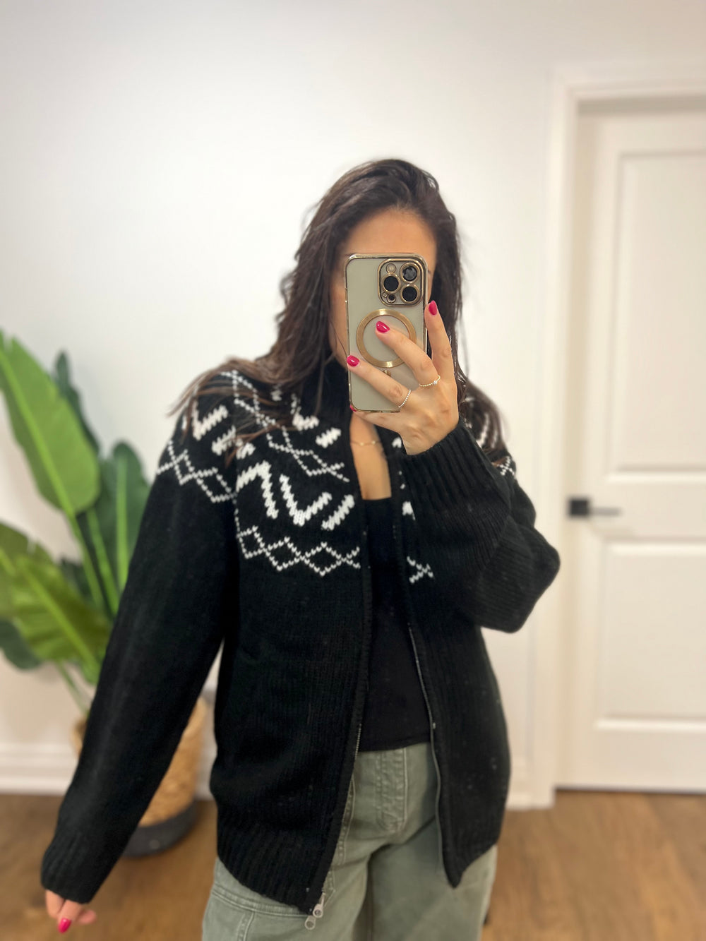 ALPINE BLK WHITE FAIR ISLE ZIP UP