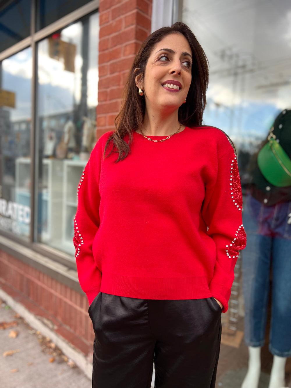 LIMA RED SEQUIN SLV SWEATER