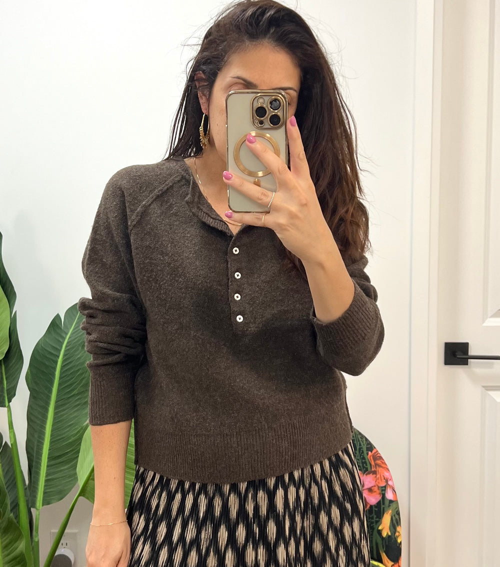 INSIDE OUT HENLEY BROWN SWEATER
