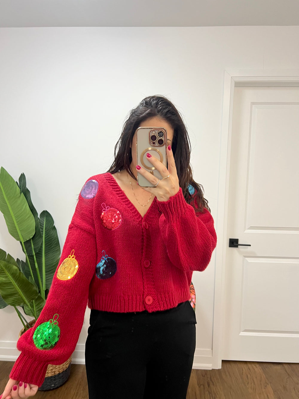 ORNAMENTS SEQUINS RED CROP CARDI
