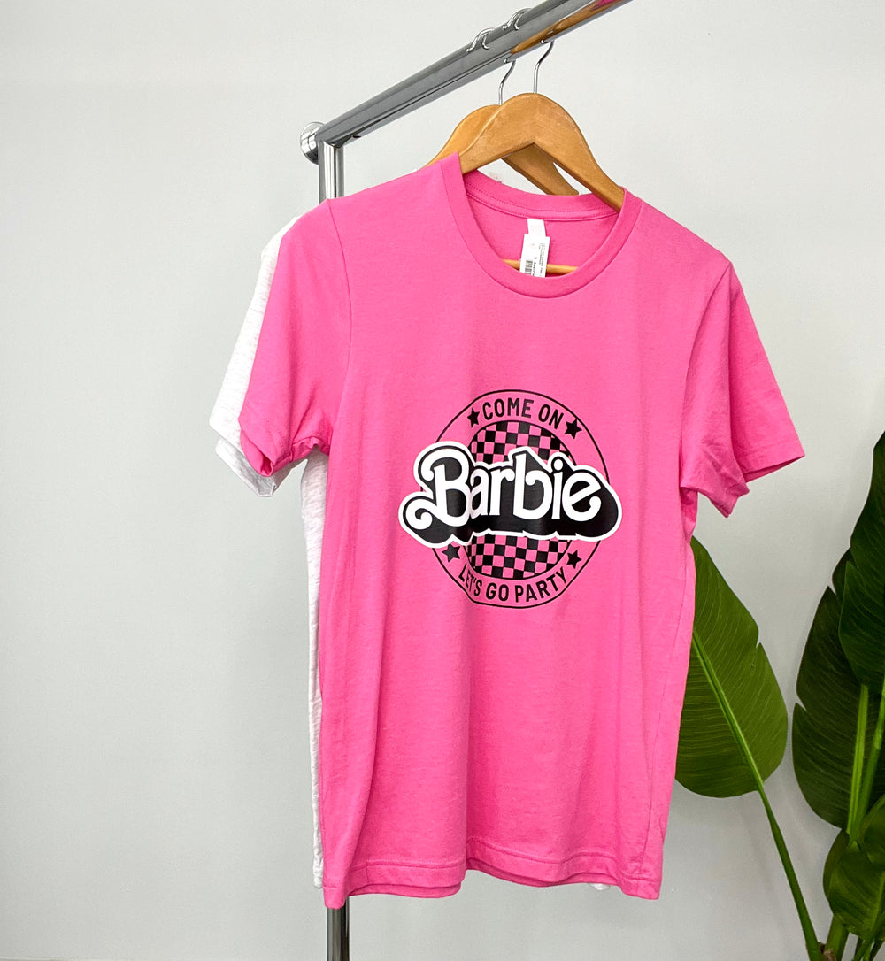 LETS GO BARBIE PINK CHECK TEE