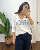 MARBLE BLUE 'BEACH' WHITE VNECK SW