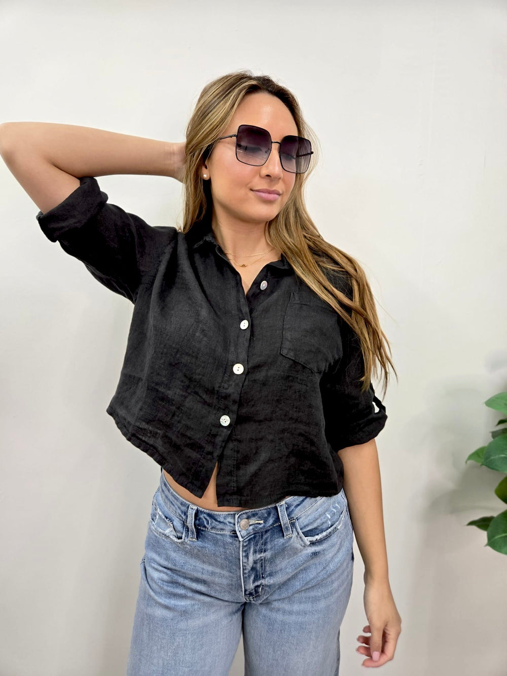 BIAN BLACK LINEN WIDE BUTTONDOWN