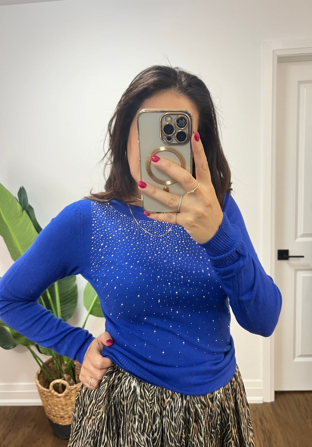 RAINFALL RHINESTONE COBALT SWEATER
