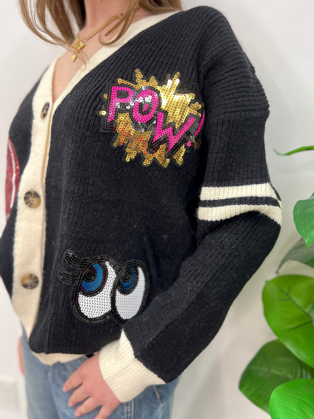 POW SEQUIN HEART BLACK CARDI