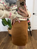 COGNAC MISSY ZIP UP SKIRT FAUX SUEDE