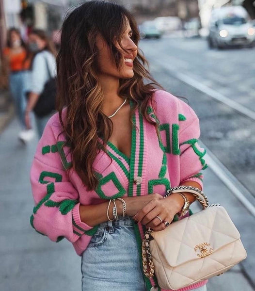 SAPPHIRA PINK GREEN GEO CARDI