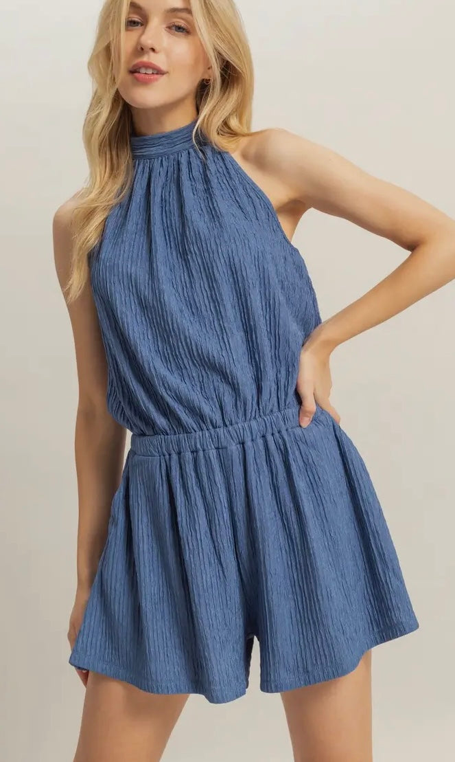 JORDYN CRINKLED SHEEN NAVY ROMPER