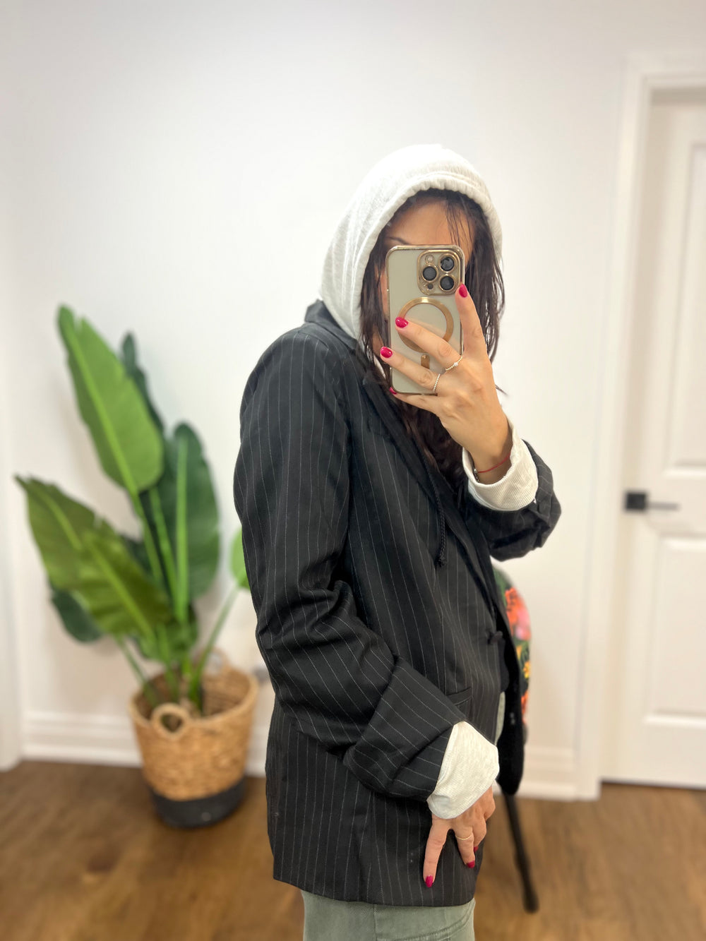 PINSTRIPE BLAZER W/HOOD INSERT