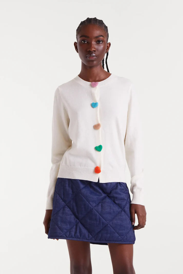 COLOURED HEART BUTTONS WHITE CARDI