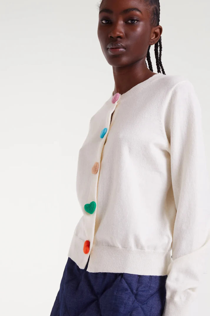 COLOURED HEART BUTTONS WHITE CARDI