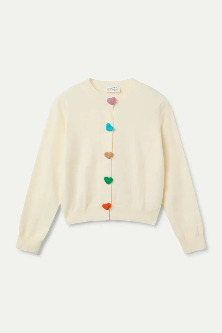 COLOURED HEART BUTTONS WHITE CARDI