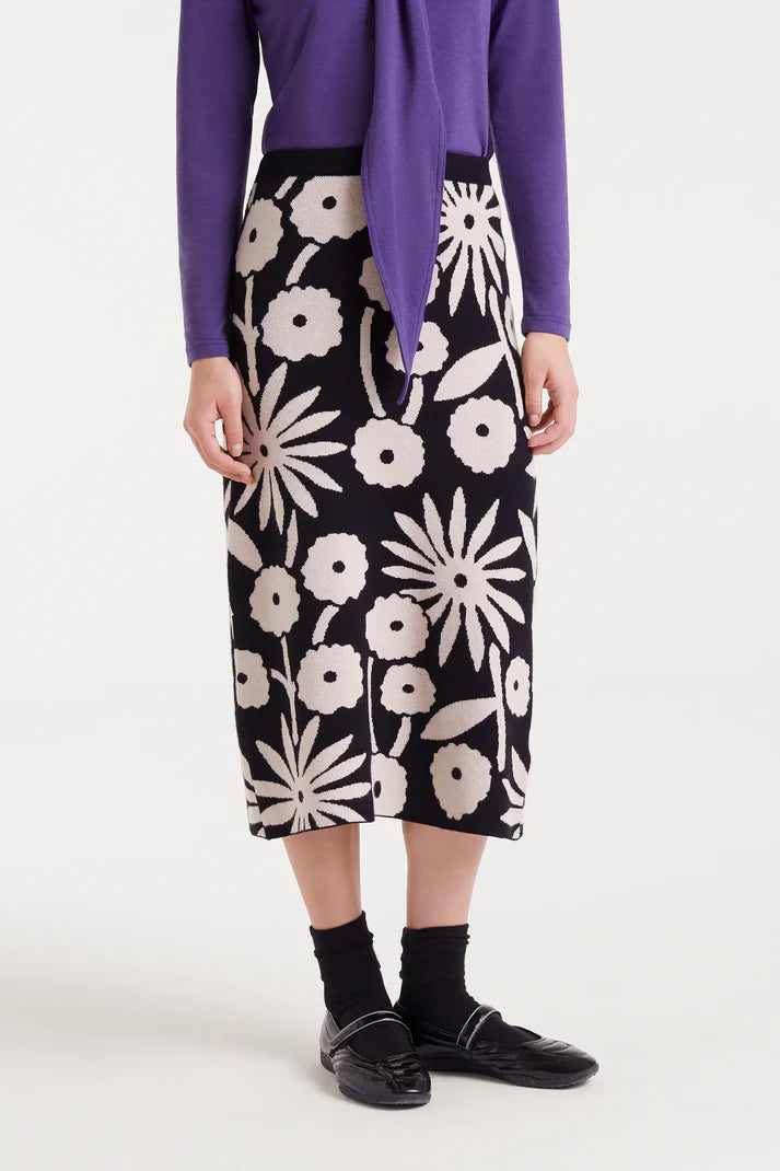 TOFU MIDI KNIT SKIRT BLK WHITE FLORAL