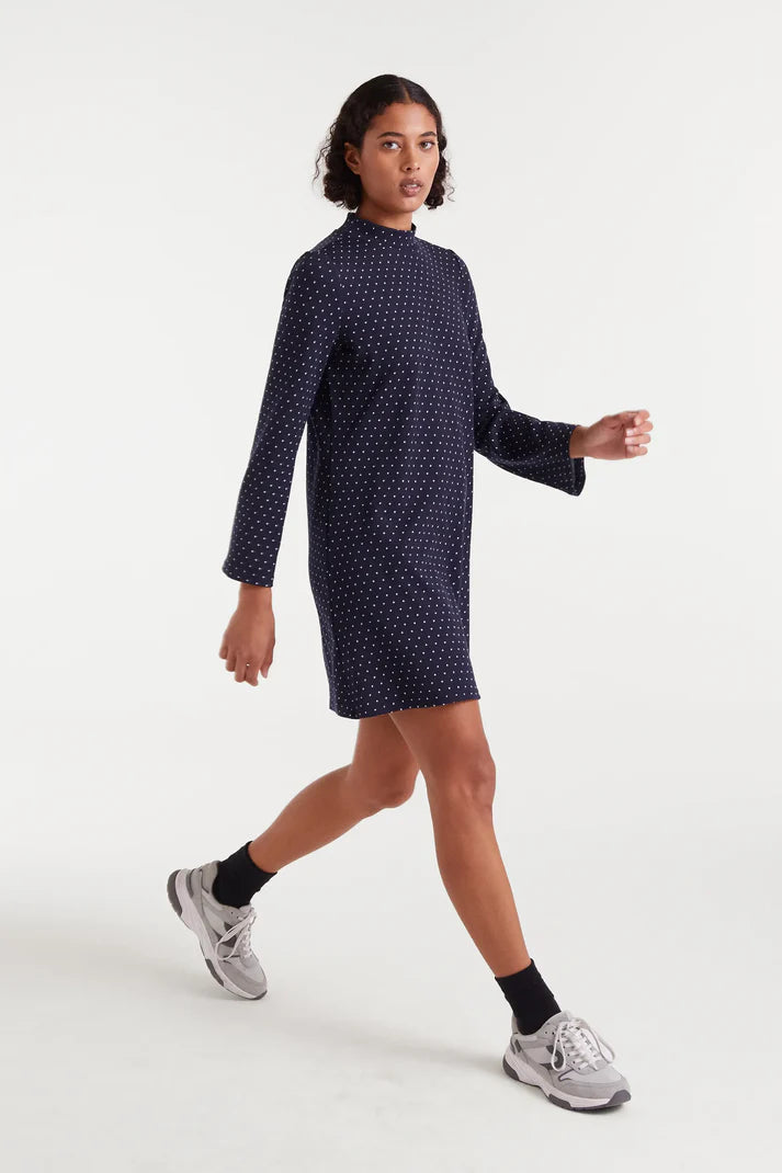 NAVY KNIT MINI POLKA DRESS L/S