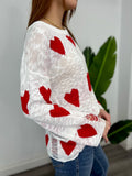 WHITE RED DISTRESSED HEARTS SWEATER