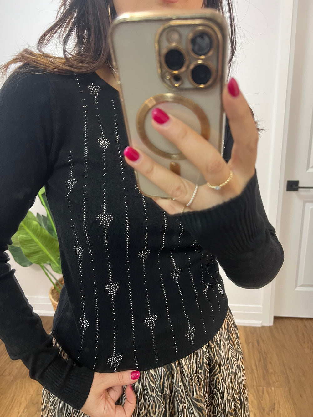 DIAMANTE BOWS RHINESTONE BLACK SWEATER