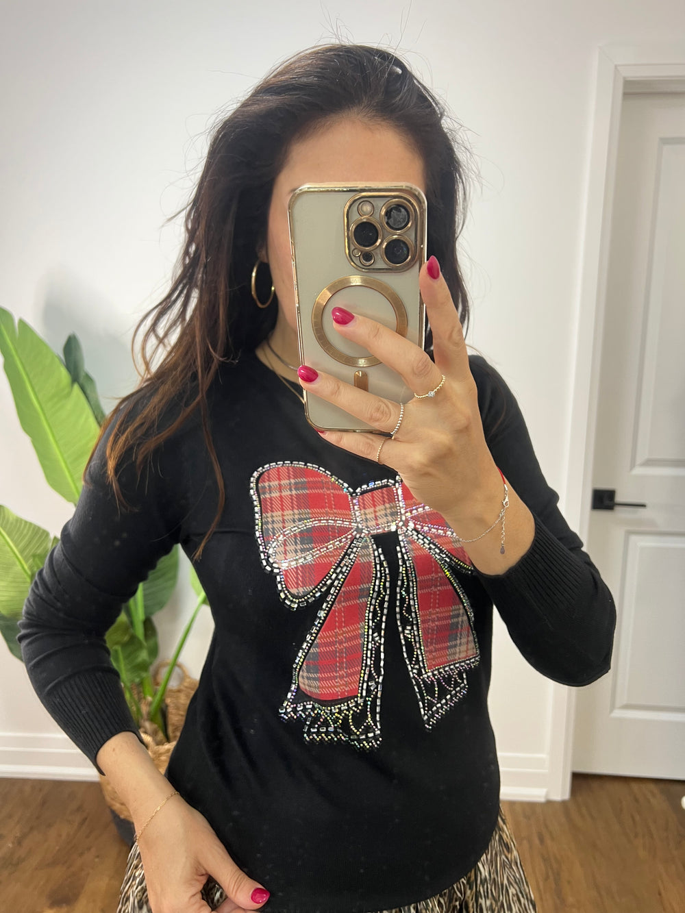 TARTAN BOW W/RHINESTONES SWEATER BLK