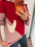 FARM RED PINK ZIP CARDI W/CHICKEN ON BAC