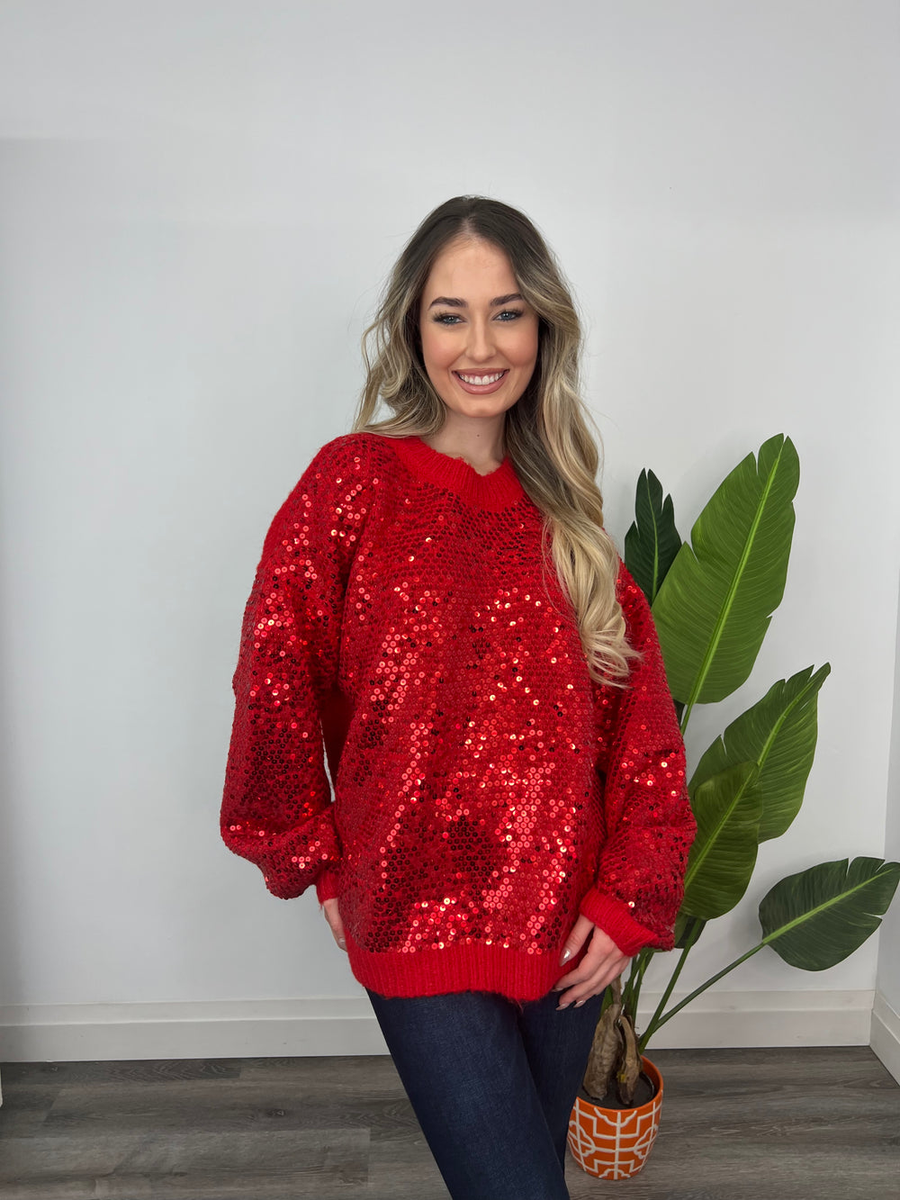 RED OVERSIZED SEQUIN SOFT SWEATER