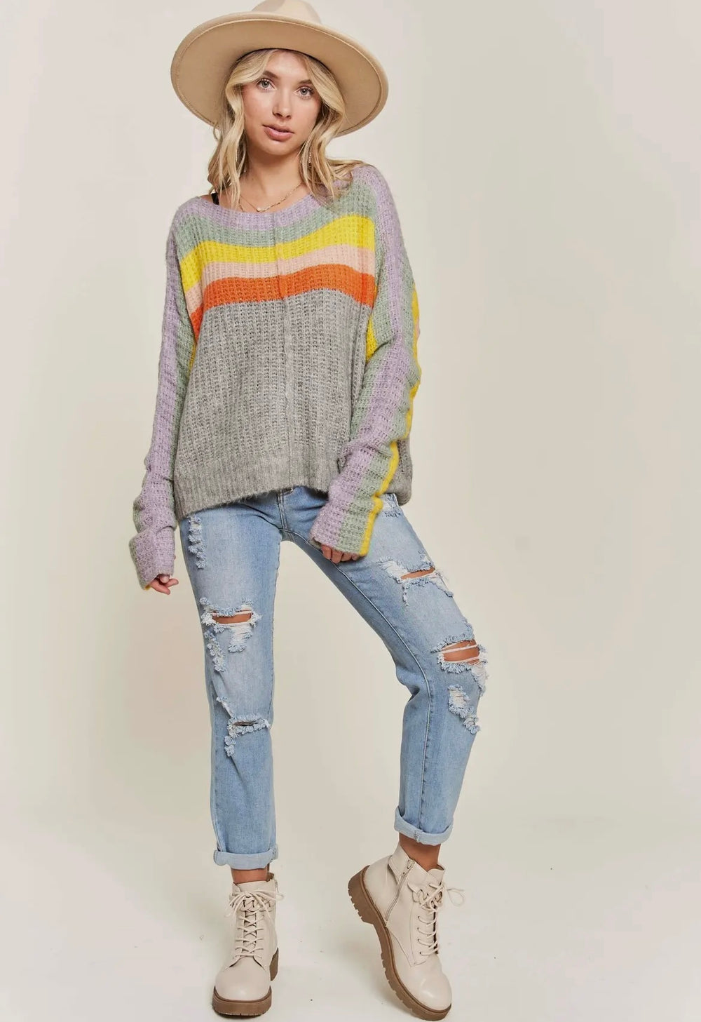 H GREY COLOUR STRIPE LIGHT SWEATER