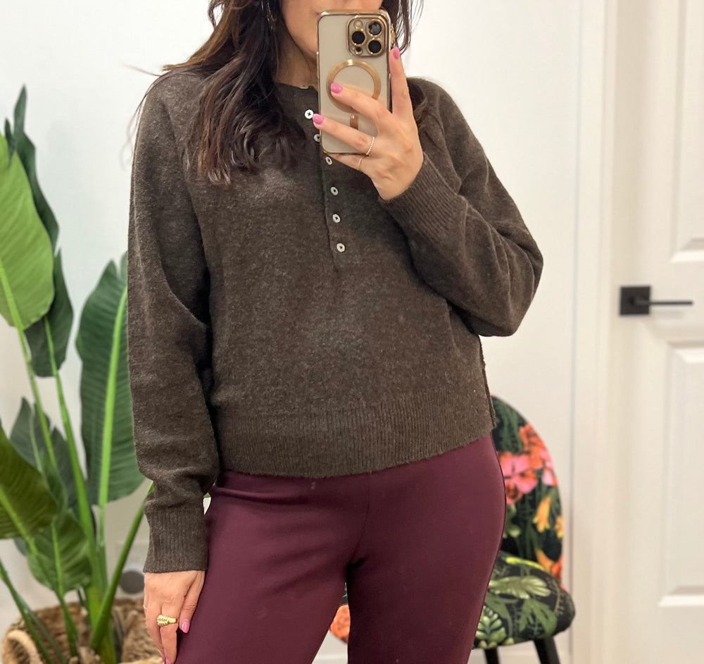 INSIDE OUT HENLEY BROWN SWEATER