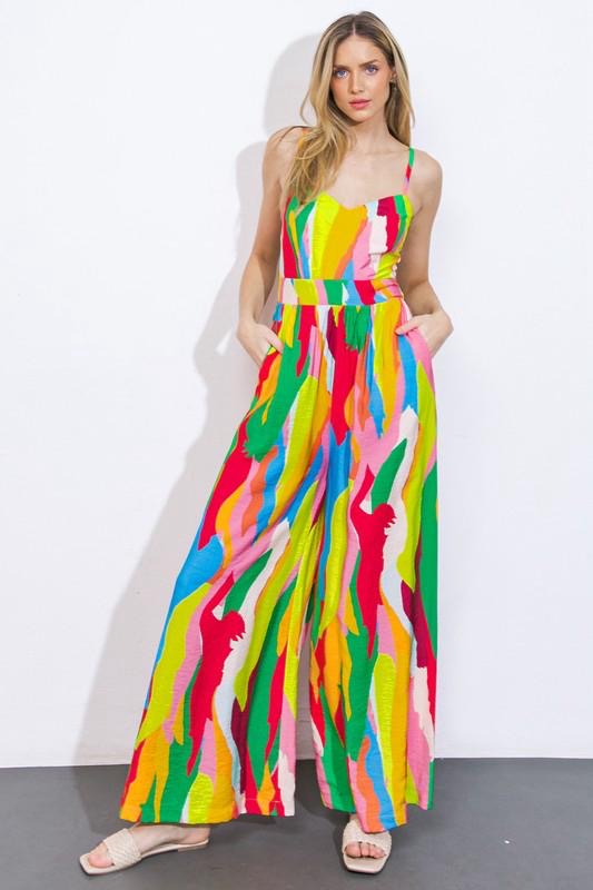 PRIMARY ABSTRACT SPAG STRAP JUMPSUIT