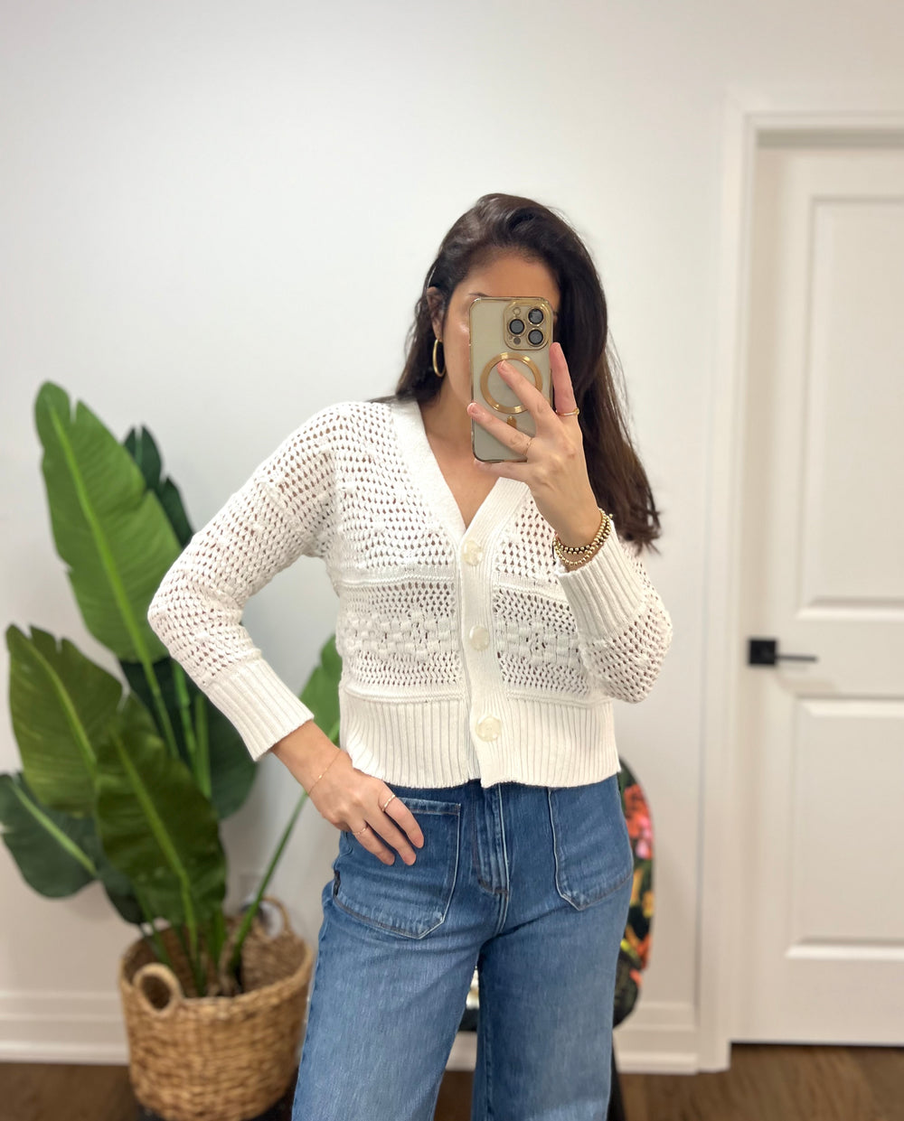 SHIMMER WHITE ECRU CANADIAN MADE CARDI