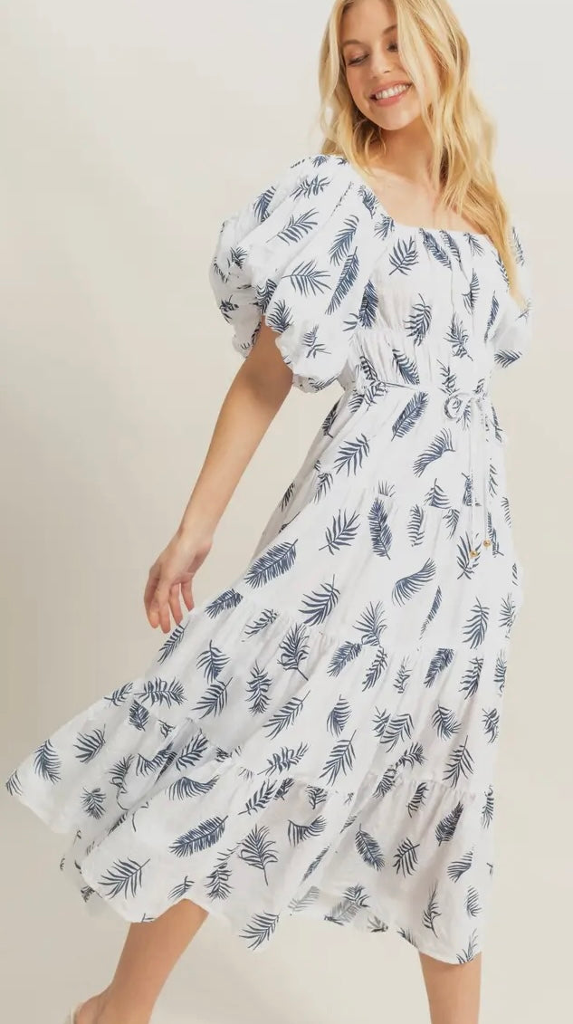 NAUSAU NAVY LEAF WHITE DRESS