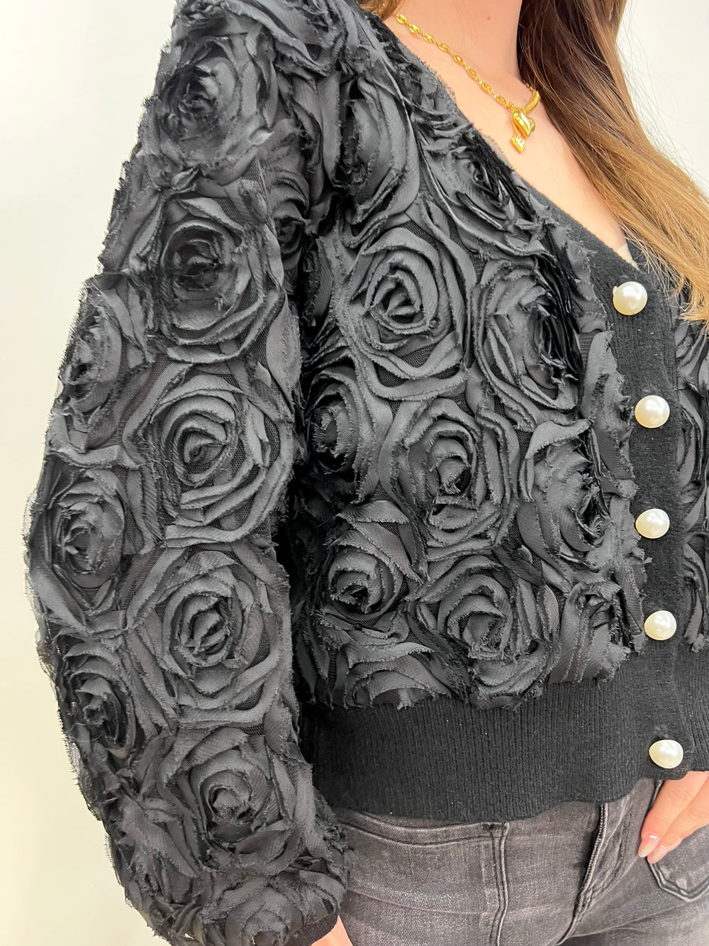 BLACK 3D ROSES CARDI PEARL BUTTONS