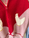 FARM RED PINK ZIP CARDI W/CHICKEN ON BAC