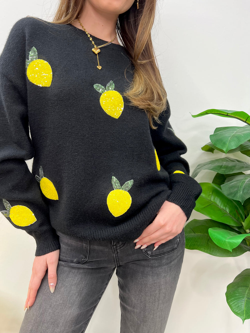 LEMON SEQUIN BLACK SWEATER