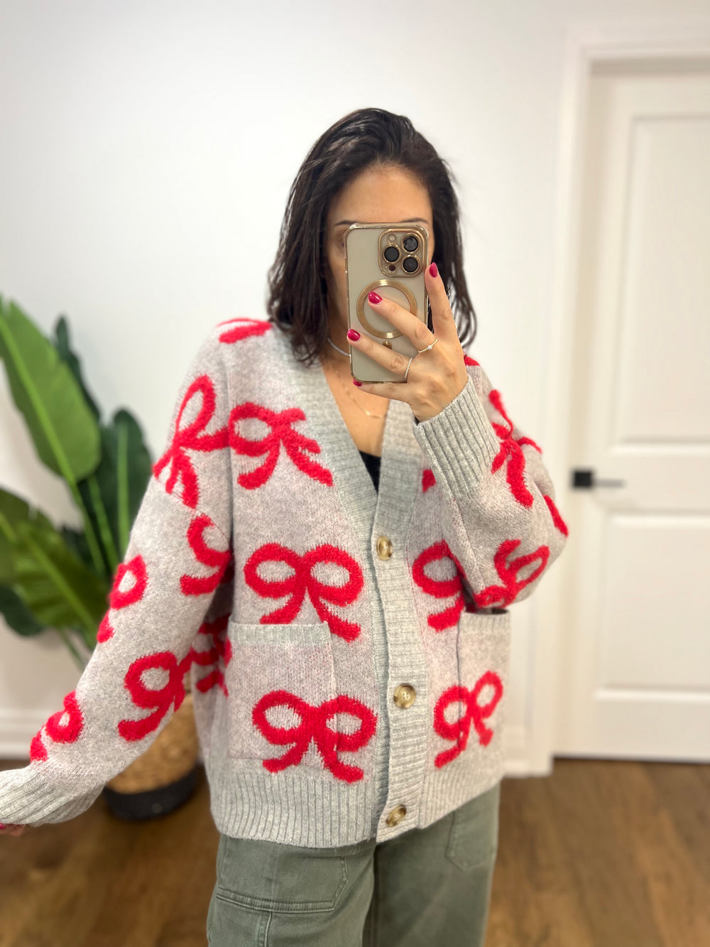 RED BOW GIRL GREY CARDI