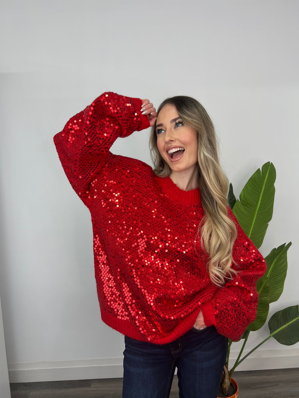 RED OVERSIZED SEQUIN SOFT SWEATER