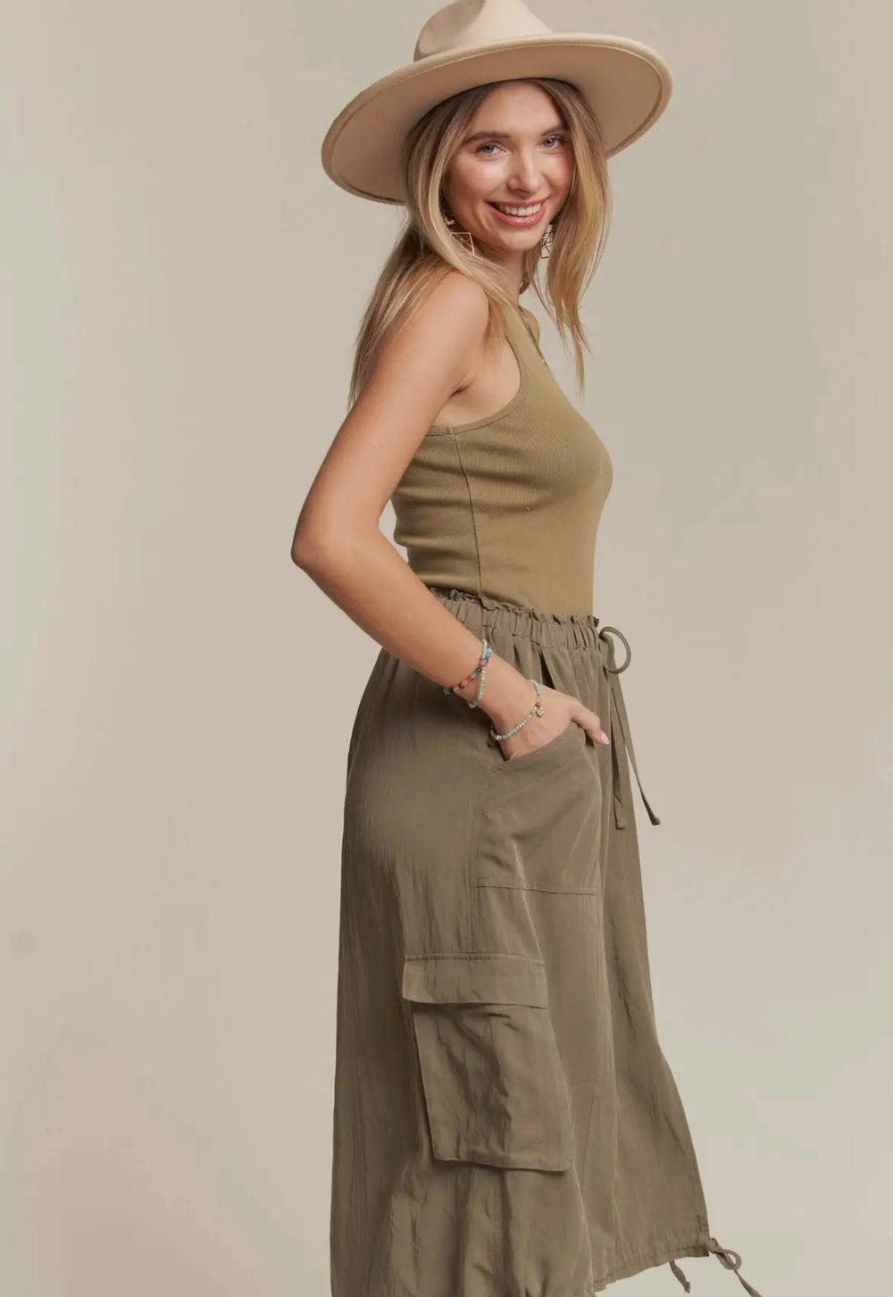 OLIVE DRAWSTRING GARMENT DYE DRESS