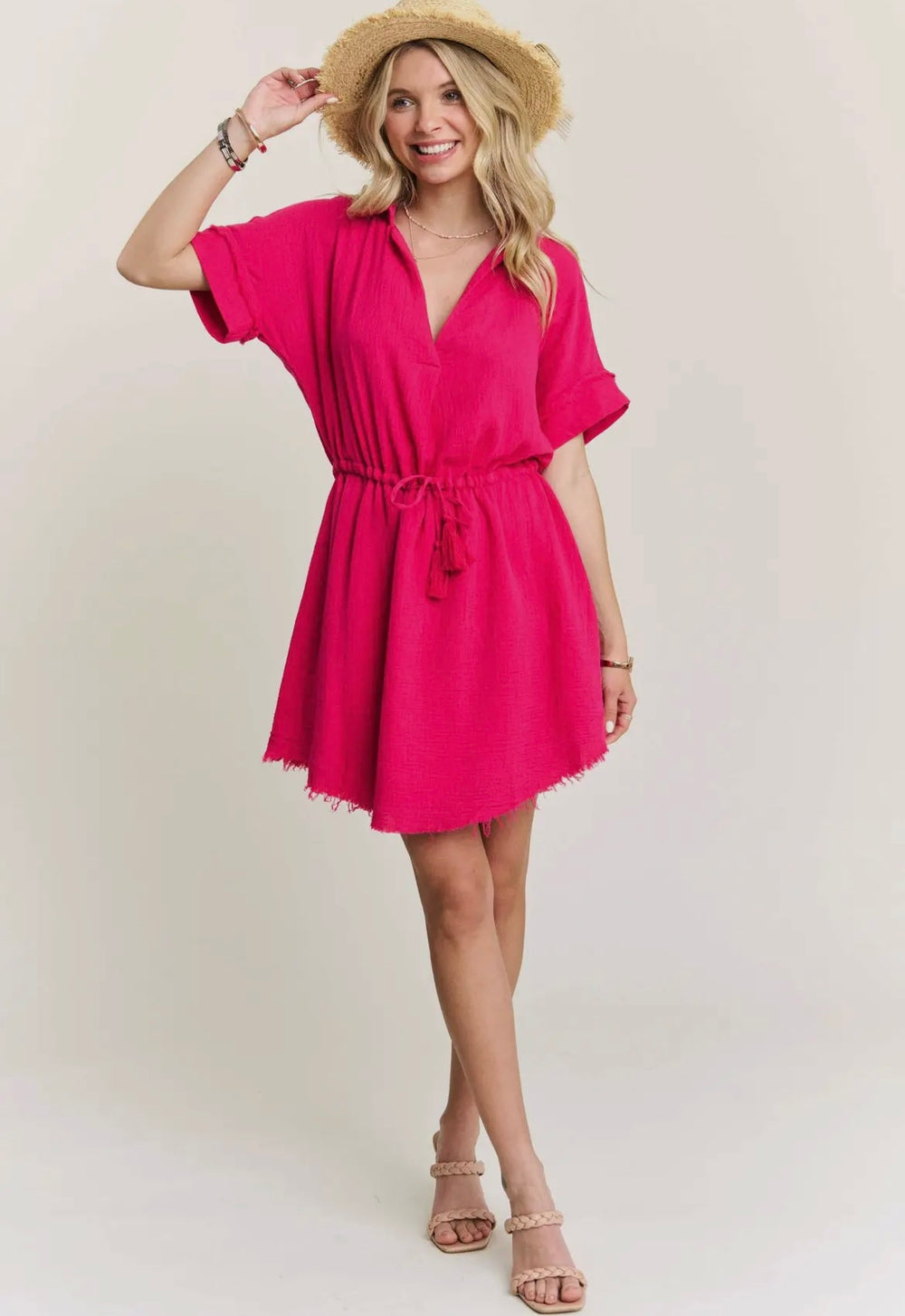 FUCHSIA SOFT GAUZE CINCHED DRESS